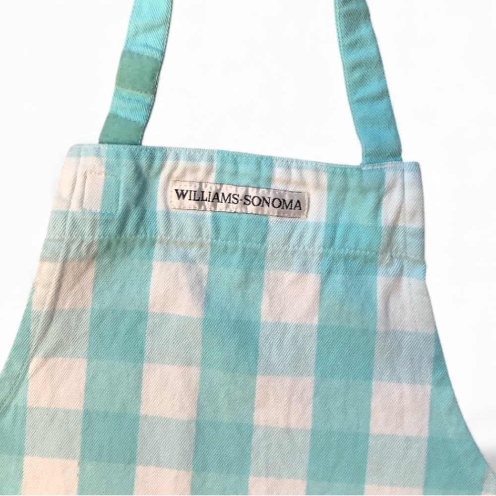 Williams Sonoma Teal Blue Checked Kids 100% Cotton Apron - Picture 2 of 4